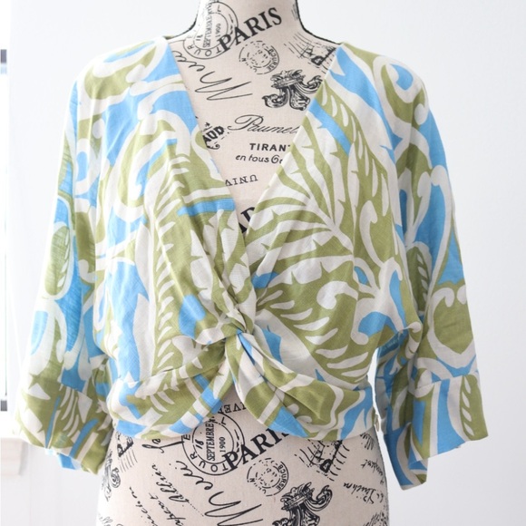 Zara printed twist front cropped blouse linen blend size Medium - Picture 4 of 6